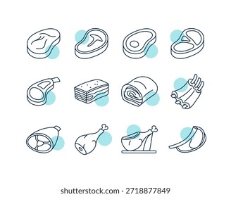 Una Grande colección de iconos de arte de línea simple de varios cortes de carne, filetes, aves y productos curados, ideal para el diseño de menús o carnicería.