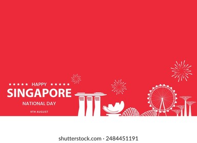 Large Singapore National Day Red Banner with Iconic Skyline and Fireworks