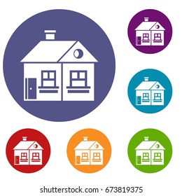 Large single-storey house icons set in flat circle reb, blue and green color for web