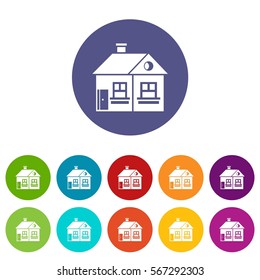 Large single-storey house set icons in different colors isolated on white background