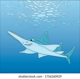 Large sinister marine largetooth sawfish swimming in blue water of a tropical sea, vector cartoon illustration