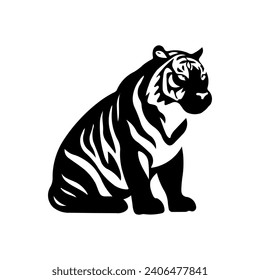 A large sitting tiger symbol in the center. Isolated black symbol. Vector illustration on white background