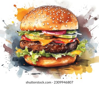 Großer Burger. Aquarell, Vektorkunst.