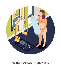 Large size people isometric round composition with plus size woman shopping in clothing store vector illustration
