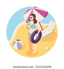 Composición redonda isométrica de las personas de gran tamaño con mujeres de mayor tamaño en la playa con ilustración vectorial de anillo inflable