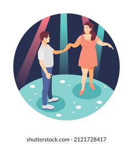 Large size people isometric round composition with characters of plus size dancing partners vector illustration