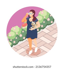 Large size people isometric round composition with street scenery and plus size woman walking with dog vector illustration