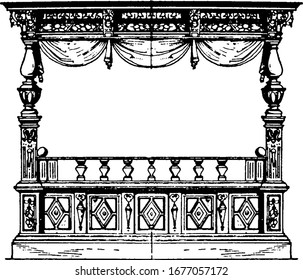 Large in size and placed on a podium with a raised head-board. It had a canopy frame that was adorned with drapery and hangings, vintage line drawing or engraving illustration.