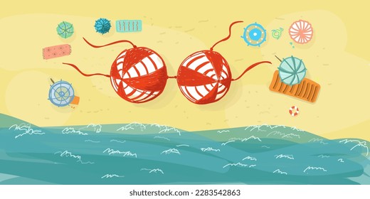 Large size swimsuit. A giant women's top on the beach among umbrellas. Vector image for posters, banners, advertising swimwear.