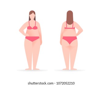 A large size young woman in underwear in front view and back view. The diet and body positive concept. Healthy lifestyle and fitness theme. Flat vector illustration