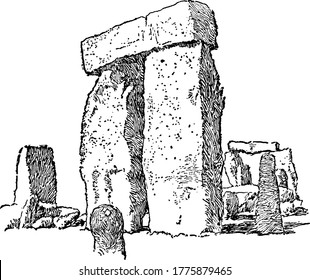 Large sized stones, early architectural monument, Britain, vintage line drawing or engraving illustration.