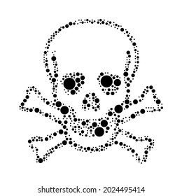 A large skull in the center made in pointillism style. The center symbol is filled with black circles of various sizes. Vector illustration on white background