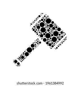 A large sledgehammer symbol in the center made in pointillism style. The center symbol is filled with black circles of various sizes. Vector illustration on white background