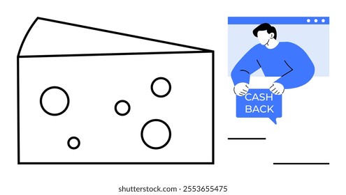 Large slice of cheese with holes. Man holding cashback sign blue chat icon. Ideal for cheese, cashback offers, dairy industry, food technology, promotions. Simple flat design