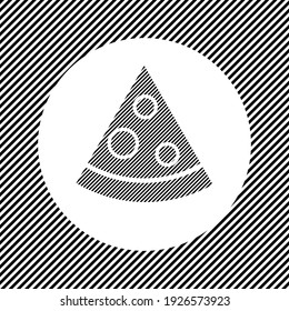 A large slice of pizza in the center as a hatch of black lines on a white circle. Interlaced effect. Seamless pattern with striped black and white diagonal slanted lines