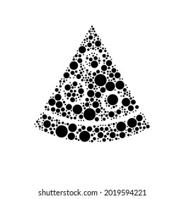 A large slice of pizza in the center made in pointillism style. The center symbol is filled with black circles of various sizes. Vector illustration on white background