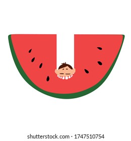 A large slice of watermelon close-up.The girl has a watermelon.On white background.