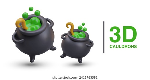 Large and small cauldron filled with witch potion. Process of making magic elixir. Boiled poison. 3D illustrations for game of magicians, celebration of Halloween
