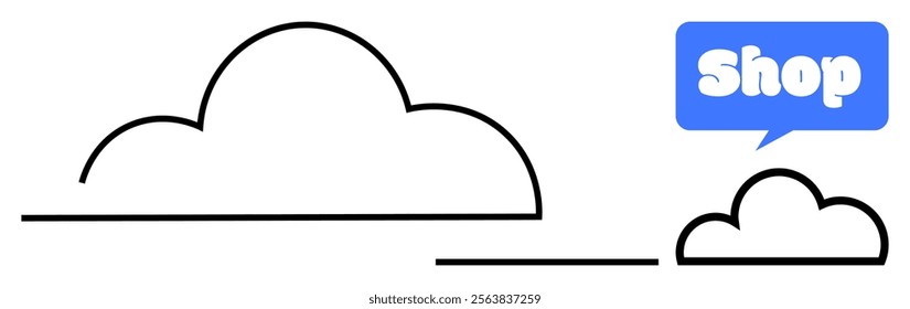 Large and small cloud shapes with Shop text in a blue speech bubble represent online shopping. Ideal for e-commerce, technology, digital marketing, retail businesses, online services. Minimalist flat