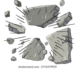 Grandes y Pequeños fragmentos de hormigón explotan hacia afuera, estilo dinámico de Vector de dibujos animados, fondo blanco