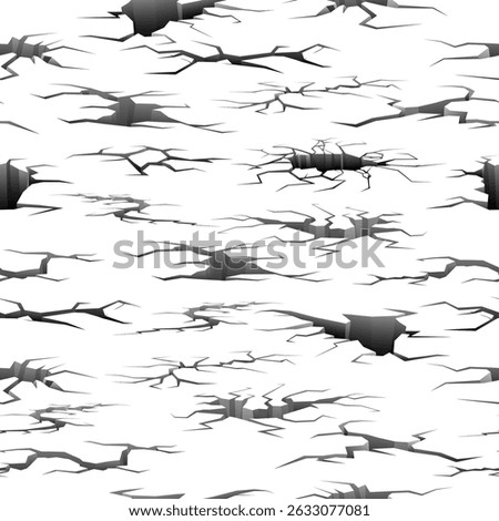 Large and small cracks in ground. Asphalt or dirt road splits seamless pattern. Repeated print. Earthquake damaged surface. Destruction cleft. Land erosion. Floor fissures and holes. Vector background