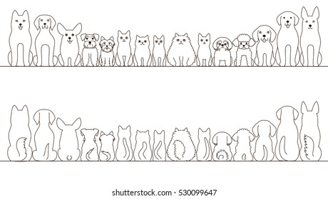 large and small dogs and cats banner set, front view and rear view, line art