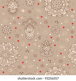 Large and small flowers and hearts on the background