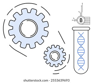 Large and small gears alongside a DNA helix inside a test tube with a digital currency icon create a tech-focused visual. Ideal for technology innovation, biotechnology, digital finance, engineering