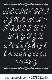 Large and small handwritten letters. English alphabet. Vector hand-drawing letters. On black background.