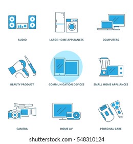 Large and small home appliances, electronic devices vector icons set