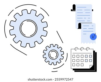 Large and small interconnected gears with a calendar and a document with a check mark. Ideal for business process management, time planning, scheduling, workflow optimization and automation. Modern