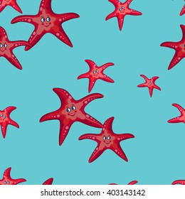 Large and small red starfish on turquoise background swim,watch and smile. Vector illustration.