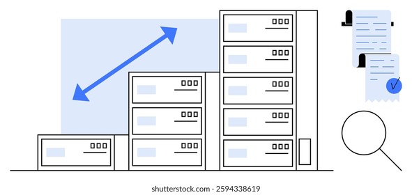 Large and small server racks beside a growing chart with a magnifying glass highlight data growth and analysis. Ideal for data storage, analytics, documentation, scalability, IT management. Modern