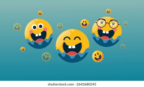 Grandes e pequenos rostos emojis sorridentes com vários acessórios e óculos