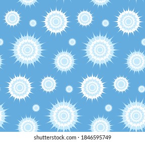 Large and small snowflakes on a blue background. Seamless vector pattern. Fluffy snowflakes. The endless pattern. Can be used for postcards, paper, website, fabric. 