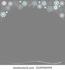 Large and small snowflakes on the edges of a gray field for your text or photo. For a winter invitation card.