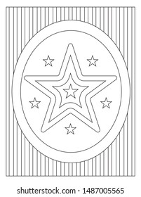 Large And Small Stars Isolated On Oval And Striped Background. Patriotic Coloring Page For Kids