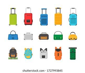 Large and small suitcase, hand luggage, backpack, box, handbag. Different types of bag. Plastic, metal suitcases, backpacks, bags for luggage. Vector illustration, EPS 10.