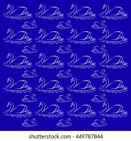 Large and small swans. Background and pattern of white silhouette of swans on a blue background.