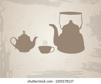 Large and small teapots with a cup of tea on a grunge background. Vector illustration.