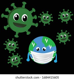 großes und kleines Virus mit kranken Erden mit Gesichtsmaske