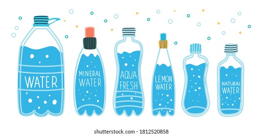 Large and small water bottles. Mineral and natural water in clear bottles. Drink more water. Vector illustration