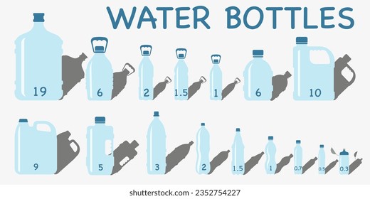 Botellas de agua grandes y pequeñas con sombra. Conjunto vectorial de botellas de agua aisladas sobre fondo blanco. Botellas de agua. EPS 10.