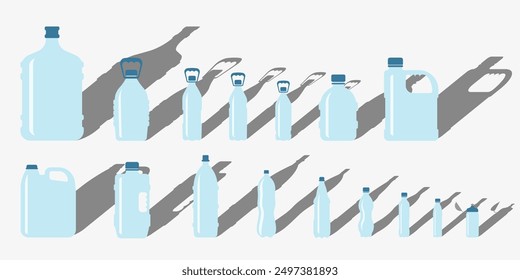 Large and small water bottles with shadow. Vector set of water bottles isolated on white background. Water bottles. EPS 10.