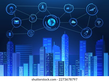 Gran ciudad inteligente con tecnología de internet. El sistema de inteligencia artificial que ayuda en varios asuntos aumenta la comodidad y hace que los negocios en la ciudad crezcan más.