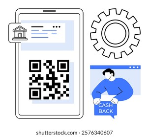 Large smartphone with bank icon, QR code, settings gear, and person holding cashback sign. Ideal for mobile banking, fintech solutions, secure transactions, reward programs, and app features. Simple