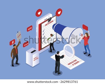 a large smartphone displaying an online petition with signatures being added - People are collecting votes signatures in a ballot box isometric 3d vector illustration