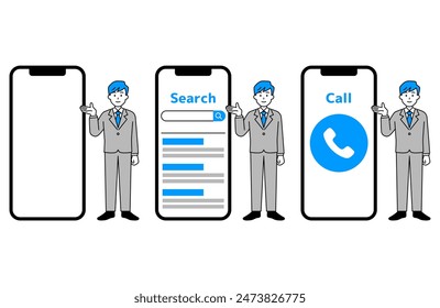 Grande smartphone y conjunto de hombre traje