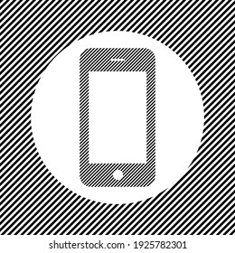 A large smartphone symbol in the center as a hatch of black lines on a white circle. Interlaced effect. Seamless pattern with striped black and white diagonal slanted lines