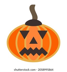 Large, smooth, oval-shaped fleshy pumpkin. Orange squash with stalk. Autumn Halloween or pumpkin for Thanksgiving. Carved sad face on gourd fruit. Ominous grimace drives away evil spirits. Spooky face